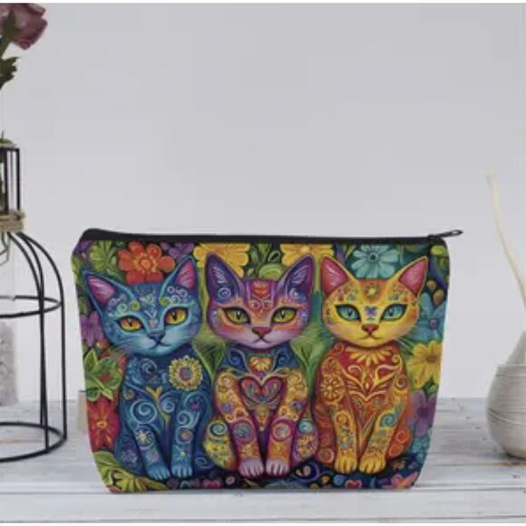 Cat Trio Psychedelic Makeup Bag Colorful Art Cosmetic Travel Pouch Case NWT - Picture 7 of 11